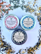 Load image into Gallery viewer, Herbal Salve Set | All-Purpose, Muscle Rub &amp; Black Drawing Salve | Natural First Aid Kit for Cuts, Burns, Sore Muscles, Stings &amp; Splinters
