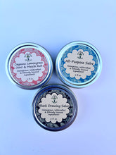 Load image into Gallery viewer, Herbal Salve Set | All-Purpose, Muscle Rub &amp; Black Drawing Salve | Natural First Aid Kit for Cuts, Burns, Sore Muscles, Stings &amp; Splinters
