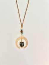 Load image into Gallery viewer, Gold Half Moon Necklace with Labradorite, Amazonite &amp; Tiger’s Eye – Celestial Crystal Jewelry, Adjustable Chain
