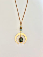 Load image into Gallery viewer, Gold Half Moon Necklace with Labradorite, Amazonite &amp; Tiger’s Eye – Celestial Crystal Jewelry, Adjustable Chain
