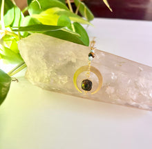 Load image into Gallery viewer, Gold Half Moon Necklace with Labradorite, Amazonite &amp; Tiger’s Eye – Celestial Crystal Jewelry, Adjustable Chain
