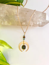 Load image into Gallery viewer, Gold Half Moon Necklace with Labradorite, Amazonite &amp; Tiger’s Eye – Celestial Crystal Jewelry, Adjustable Chain
