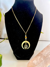 Load image into Gallery viewer, Gold Half Moon Necklace with Labradorite, Amazonite &amp; Tiger’s Eye – Celestial Crystal Jewelry, Adjustable Chain

