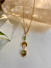 Load image into Gallery viewer, Gold Half Moon Necklace with Labradorite, Amazonite &amp; Green Quartz – Celestial Crystal Jewelry, Adjustable Chain
