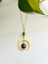 Load image into Gallery viewer, Gold Half Moon Necklace with Labradorite, Amazonite &amp; Tiger’s Eye – Celestial Crystal Jewelry, Adjustable Chain
