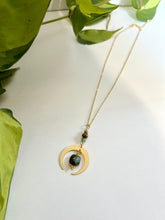 Load image into Gallery viewer, Gold Half Moon Necklace with Labradorite, Amazonite &amp; Tiger’s Eye – Celestial Crystal Jewelry, Adjustable Chain
