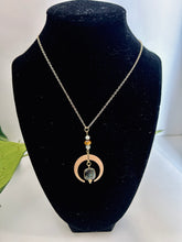 Load image into Gallery viewer, Gold Half Moon Necklace with Labradorite, Amazonite &amp; Tiger’s Eye – Celestial Crystal Jewelry, Adjustable Chain
