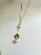 Load image into Gallery viewer, Moonstone Lariat Necklace with Brass Half Moon Pendant, Celestial Boho Jewelry, Spiritual Crystal Necklace, Minimalist Layering Necklace
