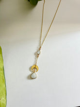 Load image into Gallery viewer, Moonstone Lariat Necklace with Brass Half Moon Pendant, Celestial Boho Jewelry, Spiritual Crystal Necklace, Minimalist Layering Necklace
