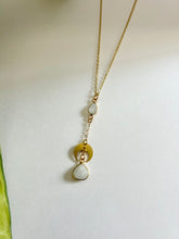 Load image into Gallery viewer, Moonstone Lariat Necklace with Brass Half Moon Pendant, Celestial Boho Jewelry, Spiritual Crystal Necklace, Minimalist Layering Necklace
