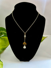 Load image into Gallery viewer, Moonstone Lariat Necklace with Brass Half Moon Pendant, Celestial Boho Jewelry, Spiritual Crystal Necklace, Minimalist Layering Necklace
