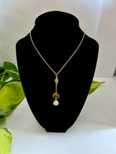 Load image into Gallery viewer, Moonstone Lariat Necklace with Brass Half Moon Pendant, Celestial Boho Jewelry, Spiritual Crystal Necklace, Minimalist Layering Necklace
