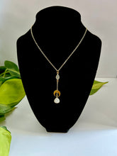 Load image into Gallery viewer, Moonstone Lariat Necklace with Brass Half Moon Pendant, Celestial Boho Jewelry, Spiritual Crystal Necklace, Minimalist Layering Necklace
