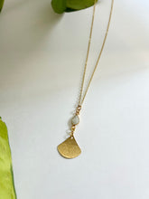 Load image into Gallery viewer, Moonstone Leaf Drop Necklace, Celestial Jewelry, Brushed Brass Pendant, Minimalist Boho Necklace, Intuition &amp; Renewal Crystal Jewelry
