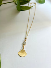 Load image into Gallery viewer, Moonstone Leaf Drop Necklace, Celestial Jewelry, Brushed Brass Pendant, Minimalist Boho Necklace, Intuition &amp; Renewal Crystal Jewelry
