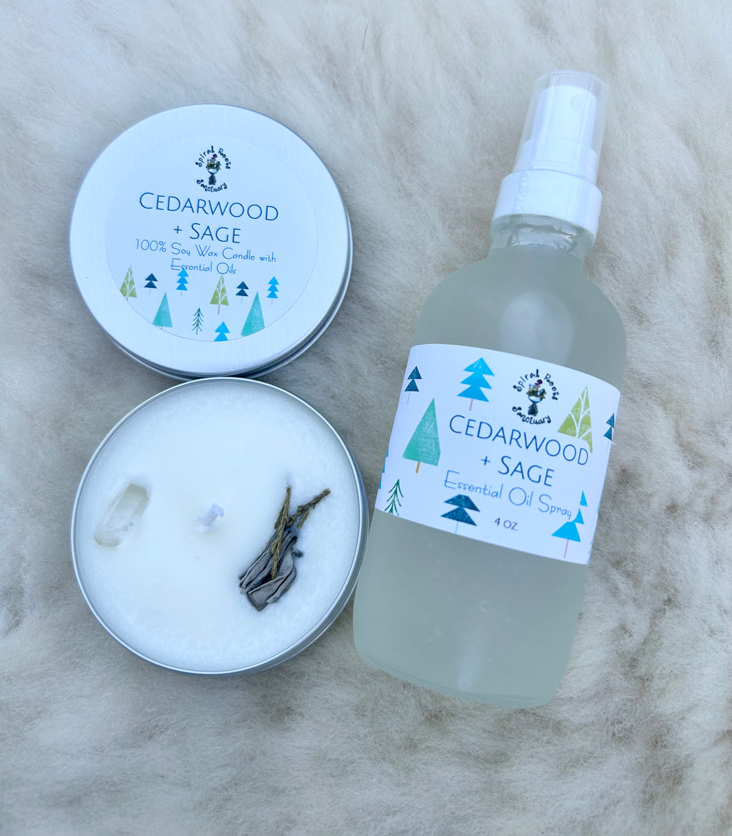 Cedar + Sage Aromatherapy Set | Essential Oil Spray & Soy Wax Travel Candle Gift Set | Earthy Spa Kit with Amber Hydrosol & Clear Quartz Crystal