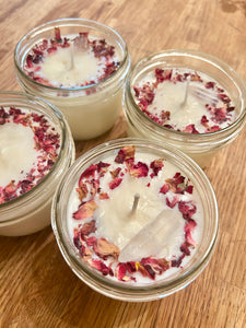 Vanilla Rose Soy Candle with Essential Oils & Clear Quartz | 8 oz Mason Jar | All Natural with Rose Petals, Hand-Poured