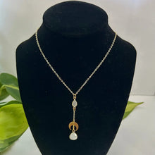 Load image into Gallery viewer, Moonstone Lariat Necklace with Brass Half Moon Pendant, Celestial Boho Jewelry, Spiritual Crystal Necklace, Minimalist Layering Necklace
