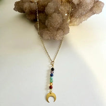 Load image into Gallery viewer, Rainbow Gemstone Necklace with Brass Moon – Chakra Jewelry, Boho Crystal Pendant, LGBTQ Pride Necklace

