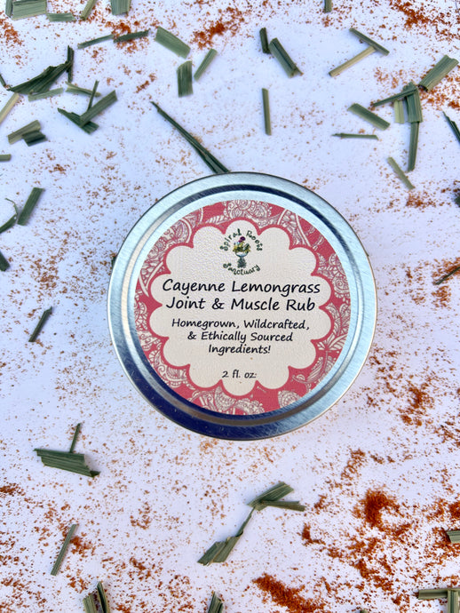 Cayenne Lemongrass Herbal Muscle & Joint Rub in a 2 oz tin, handcrafted with organic oils and wildcrafted herbs.
