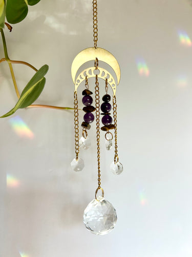 Double gold moon suncatcher with Amethyst and Tiger’s Eye beads and prism accents on gold chain
