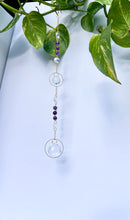 Load image into Gallery viewer, Dual prism suncatcher with gemstone beads and gold circles creating layered rainbow light
