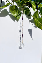 Load image into Gallery viewer, Rainbow maker suncatcher with Amethyst and Citrine beads and two prisms in gold circle frames
