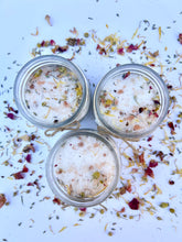 Load image into Gallery viewer, Floral aromatherapy bath salts with lavender, chamomile, and rose petals
