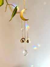 Load image into Gallery viewer, Handmade suncatcher with gold half moon, prism beads, and bells, perfect for spiritual home gifts

