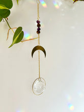 Load image into Gallery viewer, Gold moon suncatcher with Amethyst and Tiger’s Eye beads and round gold prism for rainbow window decor
