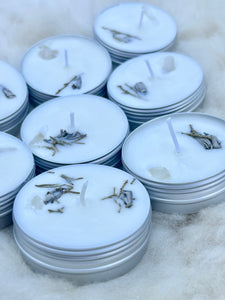 Hand-Poured Cedarwood & Sage Soy Wax Candle – 2 oz., Infused with Clear Quartz Crystal for Energy Healing, Relaxation, and a Cozy, Peaceful Vibe in Your Space.