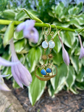 Load image into Gallery viewer, Lightweight handmade moonstone and denim opal brass dangle earrings.
