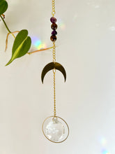 Load image into Gallery viewer, Hanging prism décor suncatcher with gold half moon, Amethyst and Tiger’s Eye beads for spiritual home accents
