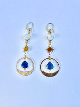 Load image into Gallery viewer, Handcrafted moonstone and denim opal earrings with brass findings.

