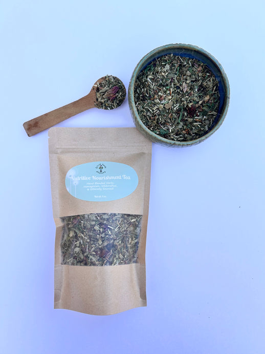Nutritive Nourishment Loose Leaf Herbal Tea made with homegrown nettle, alfalfa, red clover, oatstraw, dandelion leaf, and spearmint.