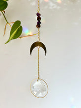 Load image into Gallery viewer, Spiritual home accent suncatcher with Amethyst and Tiger’s Eye beads, gold moon charm, and rainbow prism
