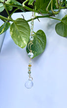 Load image into Gallery viewer, Sunlight rainbow mini suncatcher with gold moon charm and gemstone beads for window décor
