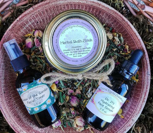 Herbal Bath & Body Set with Face Toner, Face Serum + Bath Salts for Relaxation w/ Organic, Vegan + Cruelty Free Ingredients